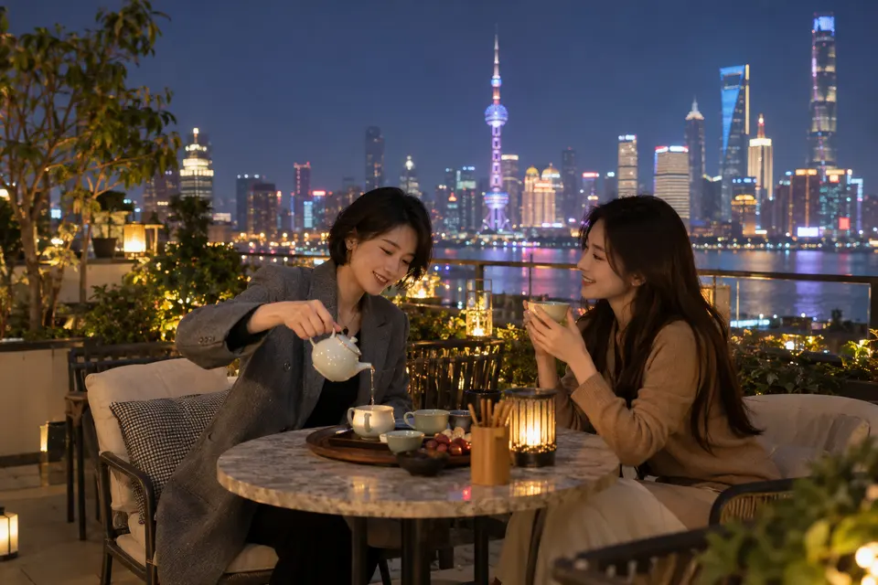 屋顶露台夜茶交流场景，朋友围坐倒茶交谈