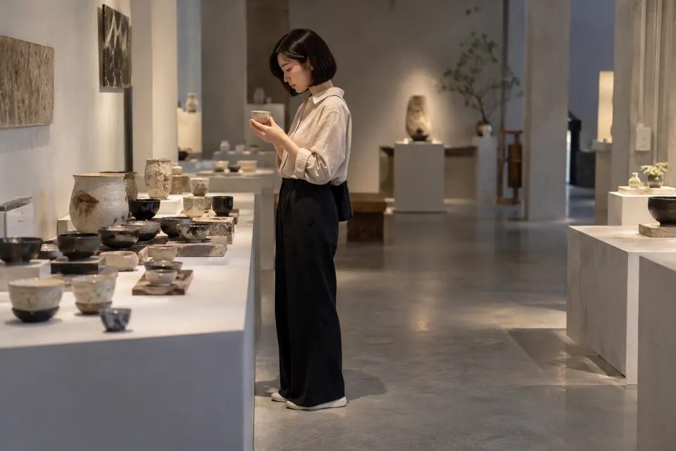 茶器展览与品饮现场，陶瓷茶器陈列