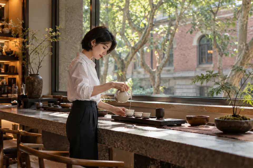 都市梧桐街区茶室中，白瓷茶具与倒茶场景的品茶交流画面